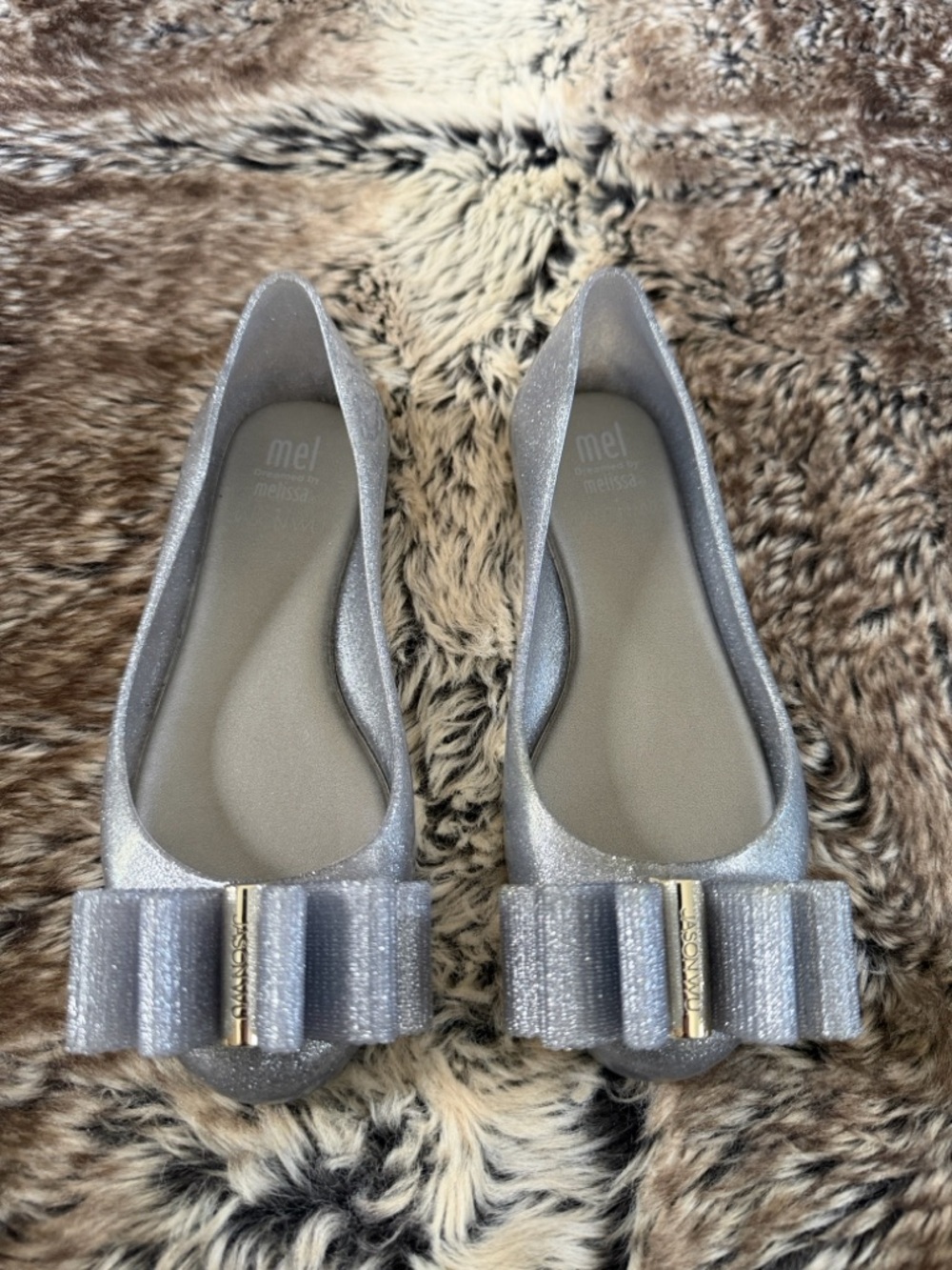 Kids Melissa Silver Glitter Bow Flats with Metallic Logo Accent